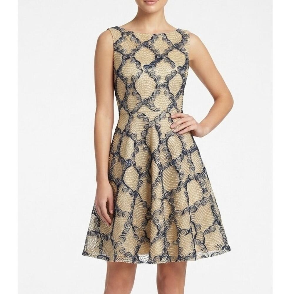 The Clothing Co 3D Ribbon Rose Fit & Flare Dress Blue Tan Cocktail Party Size S